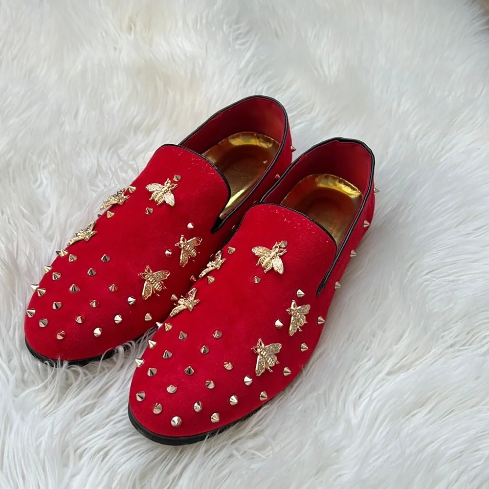 Red Suede Gold Bees Spike Studs Punk Rock Mens Loafers Flats Size 10 - Picture 1 of 8